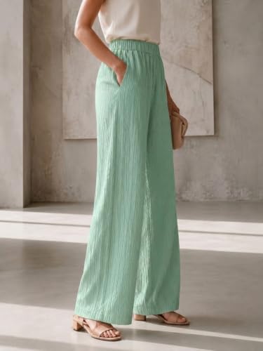 Image of Women's High Waist Wide Leg Trousers | Textured Crinkle Palazzo Pants | Elastic Waist Casual Formal Office Wear Trousers | Comfortable Lightweight Bottom Wear for Women