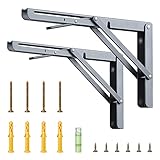Klg Tech 12'' Folding Shelf Brackets Max. Load 440 lb, Heavy Duty Stainless Steel DIY Wall Mounted Shelf Bracket Space Saving for Table Work Bench, Pack of 2 Silvery