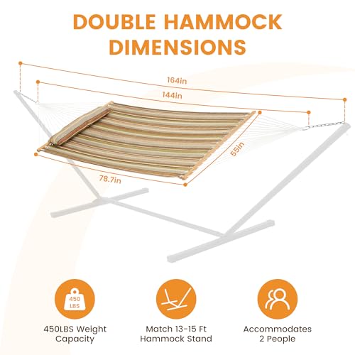 Image of Lazy Daze Double Quilted Hammock with Pillow and Carabiners, Brown Stripe | 12FT 2 Person Outdoor Hammock with Hardwood Spreader Bars and Chains for Outside, 450lbs Weight Capacity