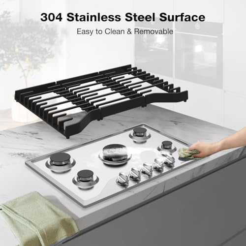 thermomate 30 Inch Gas Cooktop with 5 Italy Sabaf Power Burners, Built In Gas Stove Top of 304 Stainless Steel, Gas Hob NG/LPG Convertible, Gas Cooker with Thermocouple Protection CSA Certified