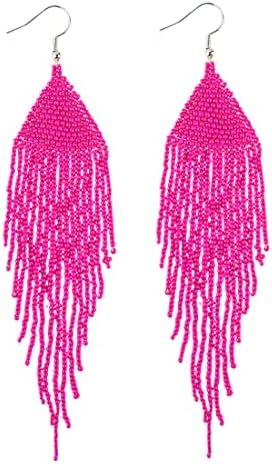 Samiyack Native Long Beaded Earrings – Bohemian Handmade Beaded Tassel Large Statement Chandelier Dangle Earrings, Boho Mexican Tribal Seed Bead Big Fringe Drop Earrings for Women (Hot Pink)