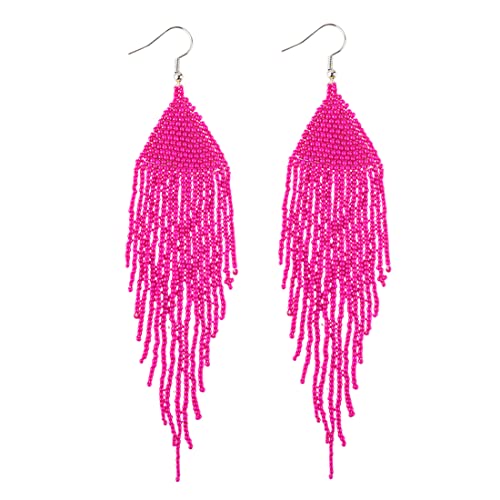 Samiyack Native Long Beaded Earrings – Bohemian Handmade Beaded Tassel Large Statement Chandelier Dangle Earrings, Boho Mexican Tribal Seed Bead Big Fringe Drop Earrings For Women (Hot Pink) #TOP3