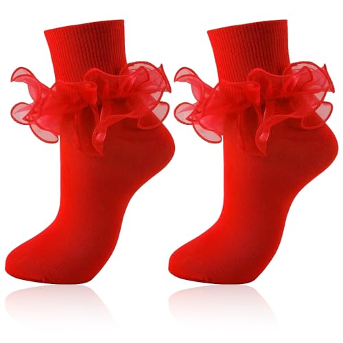 Image of Women Big Ruffle Ankle Socks Adult Double Lace Frilly Turn Cuff Dress Socks Cotton Cute Fancy Bobby Crew Socks