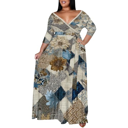 Image of SUZONANA Plus Size Maxi Dresses for Curcy Women Casual Loose 3 /4 Sleeve Long Dress with Belt