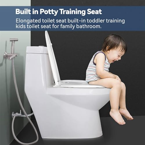 Image of JINGZE Round Toddler Toilet Seat Adult /Child,Built-In Potty Training Seat, Soft Quiet Close Non-Slip Seat, Easy to Install & Clean,Magnetic Kids Seat and Cover,White