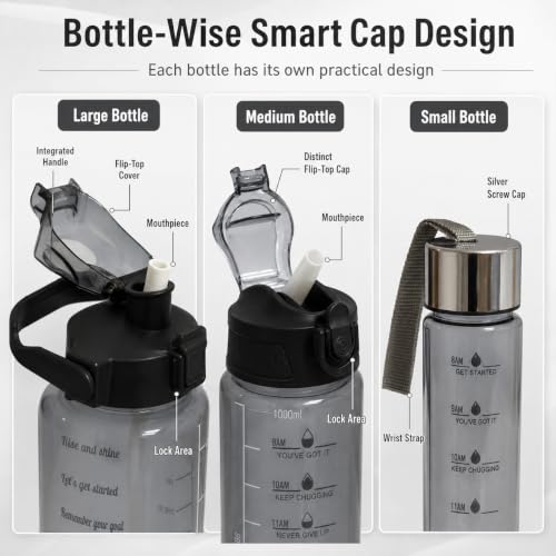 Image of Water Bottle Set of 3 with Sipper & Straw, Black