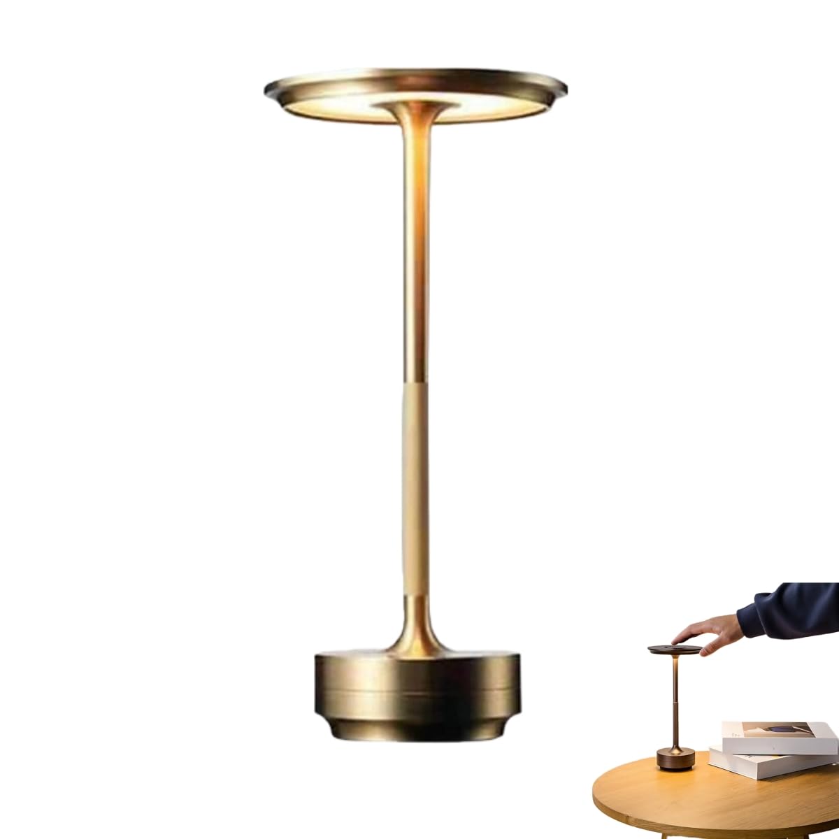 Fkoeuxul Cordless Lamp,Small Wireless Charging Desk Lamp, Touch Control and Dimmable, Suitable for Terrace, Bedroom and Living Room (Gold)