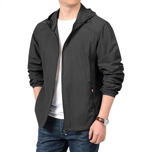 Wind Breaker Jackets Mens Lightweight Zip Up Jacket with Hood Outdoor Long Sleeve Coat Hiking Outfits with Zipper Pockets