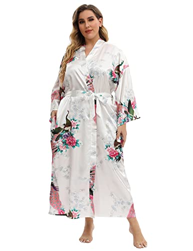 Image of Women's Floral Long Satin Robes Plus Size Long Silk Robes Peacock Floral Kimonos Sleepwear Dressing Gown