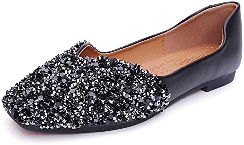 QXCGDYXT Flats Shoes Women Rhinestone Square Fashion Ballet Flats Wedding Flats for Women Comfortable Slip on Low Heel Dress Shoes Black Size - 8.5