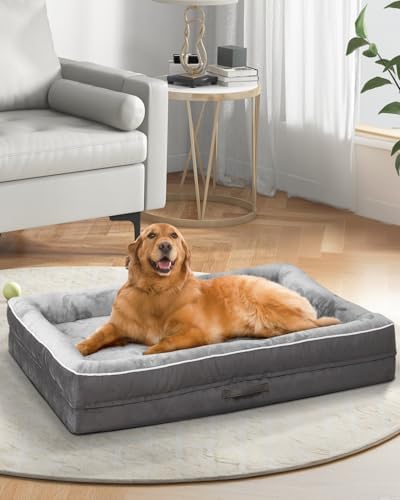 Lit orthopédique pour chien de taille XXL en mousse d’œuf avec housse amovible lavable, imperméable avec fond antidérapant et coussin traversin à quatre côtés, gris