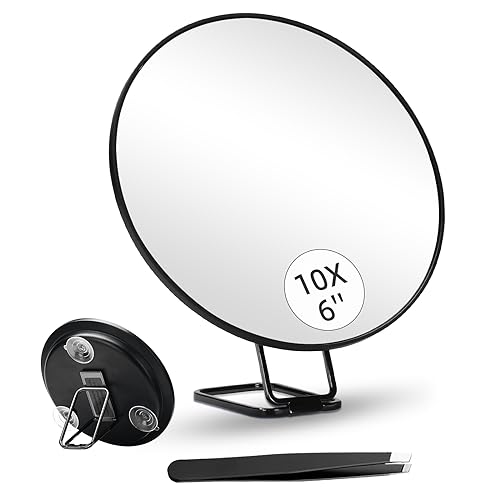 10X Magnifying Mirror with 360°Adjustable Stand & 3 Suction Cups, Large 6" Makeup Mirror with 10X Magnification for Handheld Table Use Wall-Mounted Travel, Compact Magnifier Mirror and Tweezers Sets