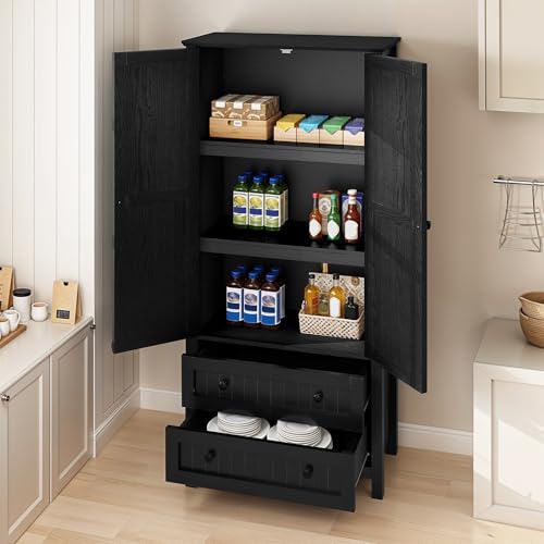 DWVO Farmhouse Kitchen Pantry Cabinet, 64.5" Tall Storage Cabinet with 2 Drawers and Adjustable Shelves, Versatile Storage for Living Room, Dining Room or Hallway, Oak Black by DWVO - Image 6