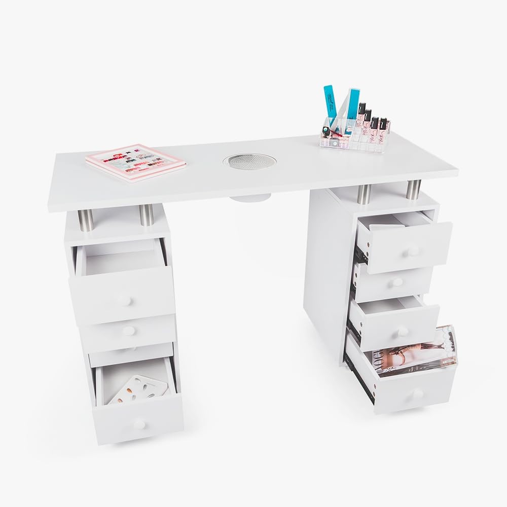 Tavolo manicure bianco con aspiratore unghie cassettiera e ruote Squoval