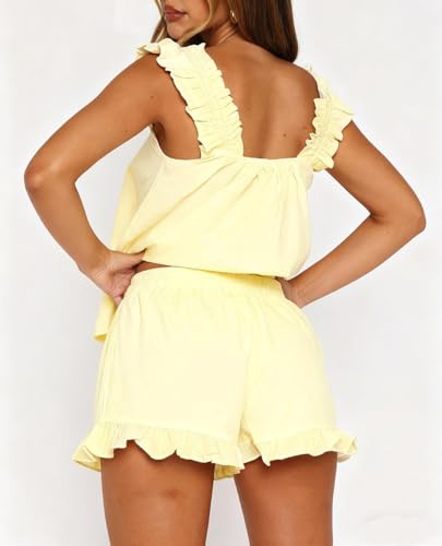 Image of ROAONOCOMO Women Floral Pajama Set Ruffle Babydoll Cami Top Coquette Pj Set Gingham 2 Piece Shorts Outfit Bridal Loungewear