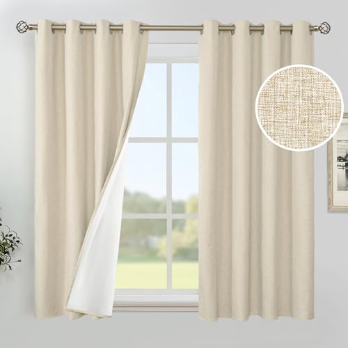 Image of YoungsTex 54 Inch Length Natural Linen 100% Blackout Curtains for Bedroom, Short Thermal Insulated Drapes with Grommet Full Room Darkening for Living Room Window, 2 Panels, 52 X 54 Inch