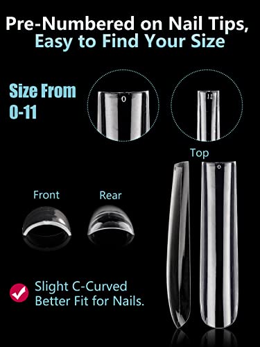 LIONVISON 3XL Extra Lange Künstliche Nägel, 240 Stück Klare Quadratische Gerade Künstliche Nagelspitzen für Acrylnägel, 12 Größen Full Cover Press On Nagelspitzen für Maniküre