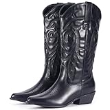 RLW Cowboy Boots for Women, Pointy Toe Cowgirl Boot, Mid Calf Ladies Western Boots with Chunky Heel Fashion, Black 6