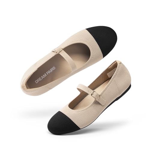 DREAM PAIRS Women's Mary Jane Ballet Flat Shoes Dressy Foldable Knit Flats with Arch Support Comfortable for Casual Work Office,Size 8,Nude/Black,DWUMFA2519