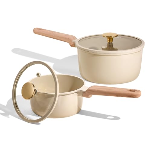 CAROTE 1.6Qt & 3.0Qt Sauce Pan Sets with Lid Ceramic Nonstick Pot Set Non Toxic Saucepan with Stay-cool Handle Small Kitchen Cooking Pots, Easy to Clean, Induction Comptable, PFOA FREE
