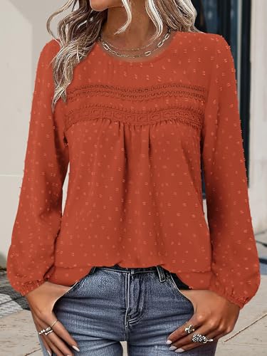 BETTE BOUTIK Womens Boho Fall Long Sleeve Shirts Crewneck Dressy Casual Blouses Trendy Flowy Tops