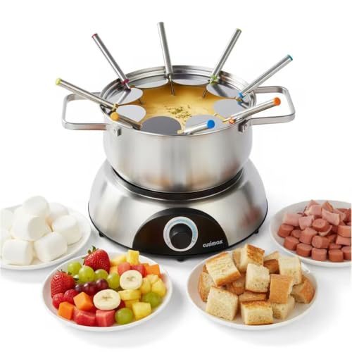 CUSIMAX 1500W Electric Fondue Pot Set, Fondue Pot for Chocolate, Cheese, Broth, Oil, Luminous Control Dial, Fondue Set with 8 Colour Coded Stainless Steel Forks, 1.4-Quart - Stainless Steel
