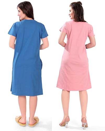 Image of Printed Knee Length Pocket Night Dresses for Women | Cat Lover | Premium Soft Cotton Nighty | Blue and Maroon