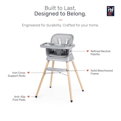 Image of Growgether ORBIT 4-in-1 Baby High Chair with Solid Beechwood Legs | TUV SUD Certified Convertible Wooden Feeding Chair, Booster Seat & Toddler Stool (6-36M) | 5-Point Safety Harness, Dual-Layer PP Tray & Removable PU Cushion | 1 Year Warranty | Grey