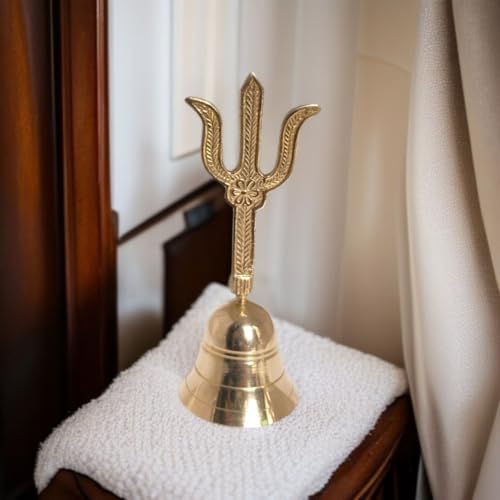 Y.K HANDICRAFTS Trishul Hand Bell for Puja Prayer with Perfect Sound Brass Ghanti Ideal for Temple and Home Use (Pure Brass, 13 cm)
