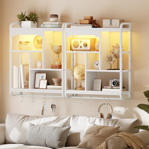Image of HOOBRO Gaming Floating Shelves with LED Lights, 26.4 inch LED Wall Mounted Shelf, Modern Corner Shelf 3-Tier Display Rack for Wall Storage, Arched Design, for Kitchen, Living Room, Study, White WT44DBJ01