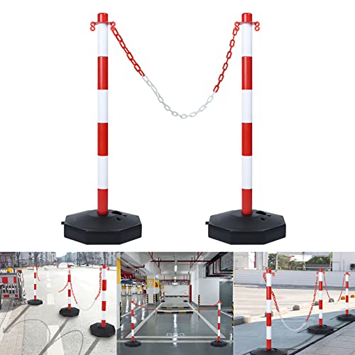 YRHome Pack de 2 postes de barrera de 82 x 28 x 28 cm postes de cadena de plástico postes de barrera con 2 cadenas de barrera de 140 cm y base rellenable con agua y arena blanco/rojo