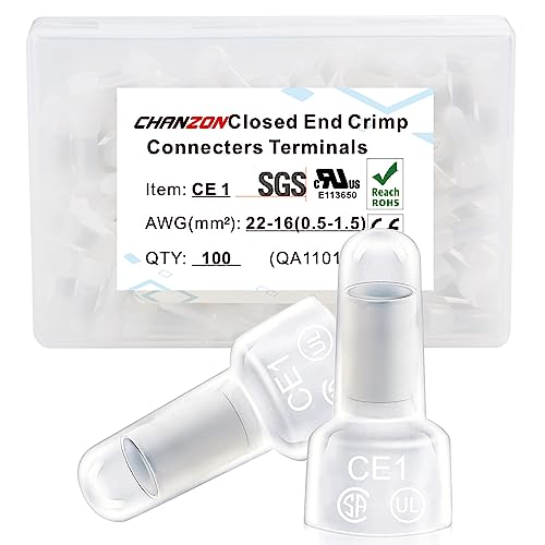 Chanzon Pure Copper Closed End Crimp Connector CE1 for 22-16 AWG Gauge Nylon(PA) Cap Insulated Core Splice Wire Crimping Terminal(100pcs)