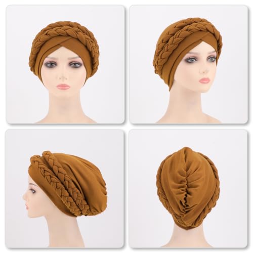 Image of DRESHOW African Women Turban Caps Cotton Beanie Twist Headscarf Pre-Tied Double Twisted Braids Wrap Hat Chemo Cancer Cap