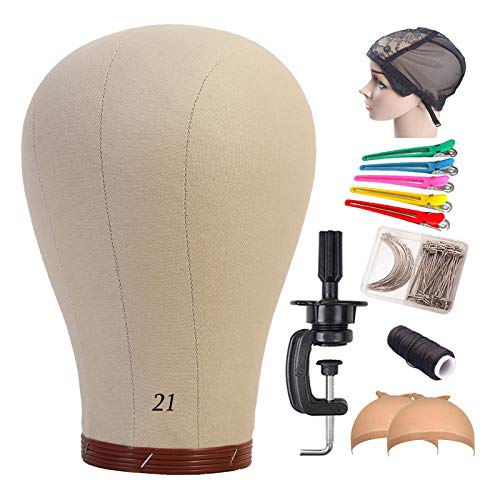 RUICAS 21" Wig Head,Cork Canvas Head,Mannequin Head with Table Stand,Canvas Block Head for Wigs Making Display (Wig Stand,Wig Cap,T-Pins,Sewing Thread) (21inch)