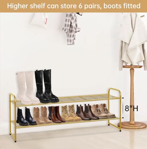 Image of KEETDY 2-Tier Long Shoe Rack for Closet Metal Shoe Organizer for Entryway, Wide Stackable Shoe Storage Shelf with Sturdy Wire Grid for Closet Floor, Bedroom, Gold