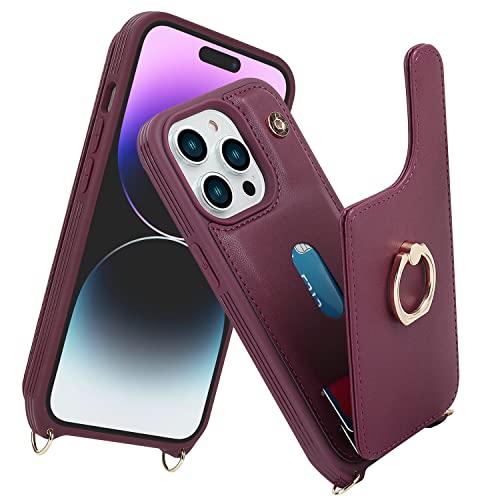 Image of for iPhone 14 Pro Case with Card Holder for Women,Phone Case with Strap,Crossbody Lanyard,RFID Blocking,Ring Stand,Snap Clasp,Cute Wallet Case 6.1 inch(Wine Red)