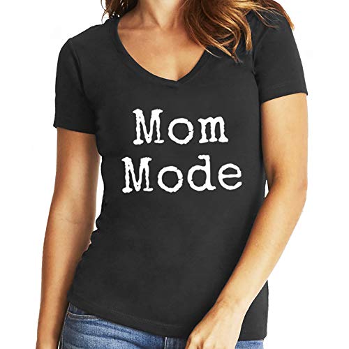 Greenmill Apparel Mom Mode Shirt  Cute Graphic Tshirt for Women  Cool V-Neck Casual Tee  Printed Short Sleeve T Shirt (Black, Medium)