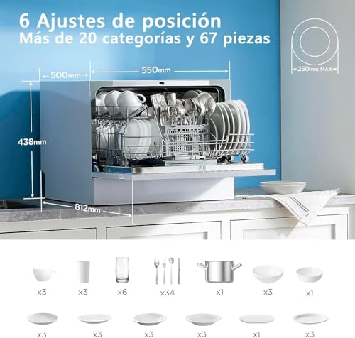Midea Kleiner Geschirrspüler Weiß 55 cm 6-fach - Kompakter und tragbarer Geschirrspüler ohne Installation - Geschirrspüler mit Eco-Sparprogramm, antibakteriellem Filter und Zeitplanprogrammierung