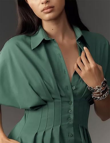 Yeokou Shirt Dress for Women Summer Casual Short Sleeve Button Down Loose Pleated Maxi Sundress with Pockets2