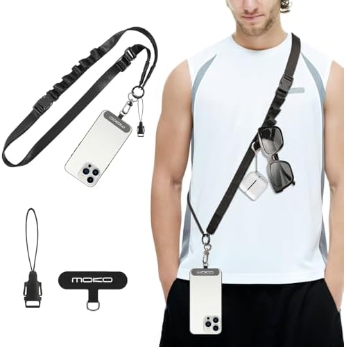 MoKo Universal Phone Lanyard, Nylon Adjustable Cell Phone Crossbody Strap Detachable Women & Men Cellphone Lanyards Around the Neck with Patches for iPhone, Most Smartphones, Black MoKo Universal Phone Lanyard, Nylon Adjustable Cell Phone Crossbody Strap Detachable Women & Men Cellphone Lanyards Around the Neck with Patches for iPhone, Most Smartphones, Black