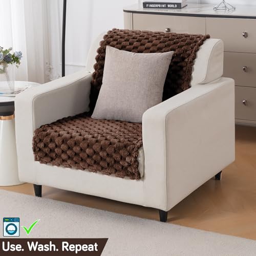 Image of HOKIPO Sofa Cover for 1 Seater Sofa | Thick Bubble Fluffy Rabbit Wool Plush Sofa Throw | Full Protection for Seat and Back | 'BunnySoft Series' (180x60 cm), Dark Chocolate (AR-6666-DCHOC)