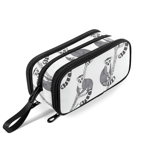 Image of Fustylead Black and White Cute Lemur on Branch Pencil Pen Case with 3 Compartments, Lightweight & Spacious Stationery Bag Cosmetics Bag