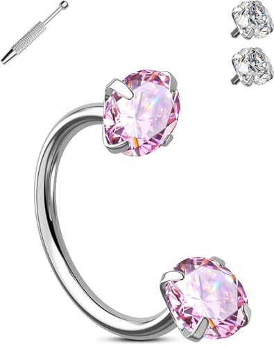 OUFER Horseshoe Nose Rings Studs, 316L Surgical Steel Double Shiny Pink CZ Nose Rings For Women, 20G 7MM Internally Threaded Cartilage Earrings, Lip Eyebrow Helix Ear Piercing Jewelry