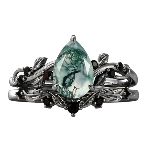 1-4 CT Black Gold Moss Agate Ring Set for Women, 10K 14K 18K Gold Vine Leaf Moss Agate Band Rings Bridal Wedding Ring Sets Gifts for Bride Wife Mother Grandma4