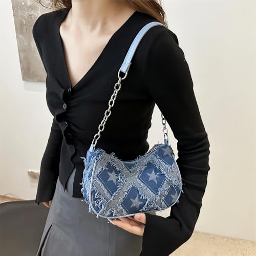Denim Shoulder Bag for Women, Retro Checkered or Star Pattern Underarm Purse Vintage 90s Y2K Small Handbag Teen Girls4
