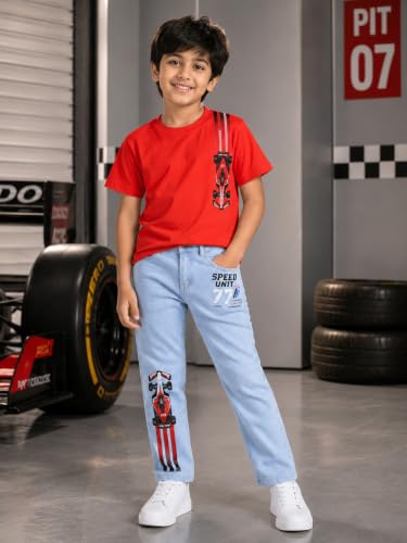 Image of KiddoPanti Boys Printed Co-Ords Set | 100% Cotton & Cottnon Spandex Woven | Drop Shoulder Tshirt with Jeans | Graphic Printed Design| Outerwear For Kids
