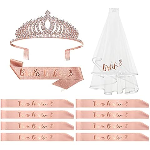 Bachelorette Party Decorations Kit, Bridal Shower Gift Supplies, Rose Gold Bride to Be Bachelorette Sash Veil Crown Tiara for Bride, Team Bride Tribe Sash for Bridesmaids Cover