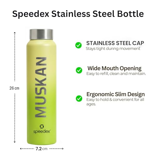 Image of Speedex Customised Engraved Name Stainless Steel Water Bottle 1 Ltr - Personalised Screw Cap Bottle for Kids, Men & Women, School, Office, Gym, Lime Green, Set of 1
