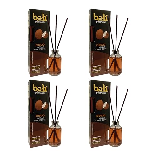 Pack de 4 Bali fragancias Ambientador Mikado COCO Difusor con varillas de ratán para tu salón, comedor o cualquier estancia de tu hogar, fragancias seleccionadas, Aromaterapia, Perfumado (30 ml)