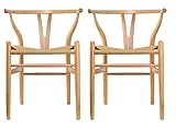 2xhome Set of 2 Natural Wishbone Wood Armchair with Arms Open Y Back Open Mid Century Modern Contemporary Chair Dining Chairs Woven Seat Brown Living Desk